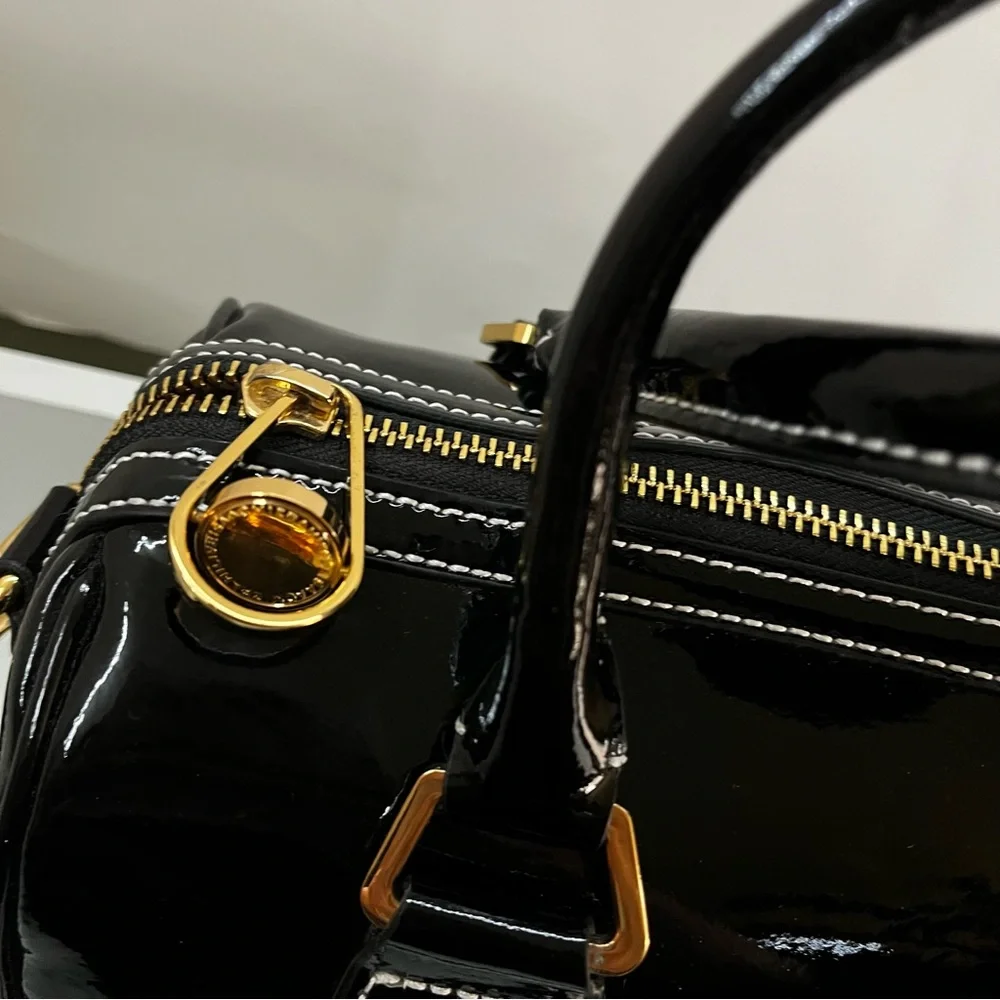 ISAAC MIZRAHI Black Patent Flower Boston Bag Satchel Tote